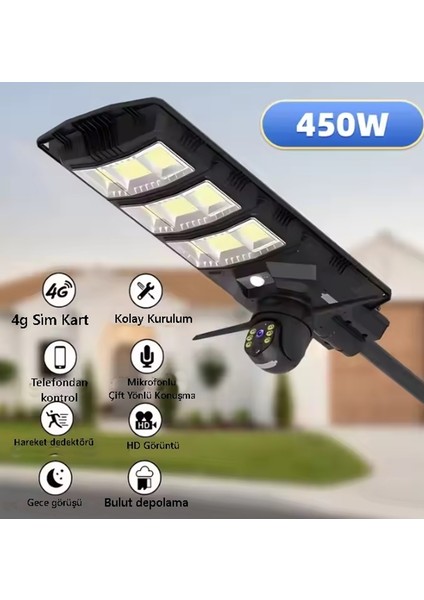 450WATT Güneş Enerjili Sokak Lambası + Sim Kartı Takılabilen Kamera Seti - Direk Hediye - Full Hd