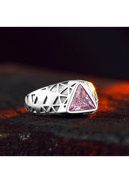 925 Ayar Gümüş Üçgen Pembe Kuvars Taşlı Erkek Yüzük fiyatları