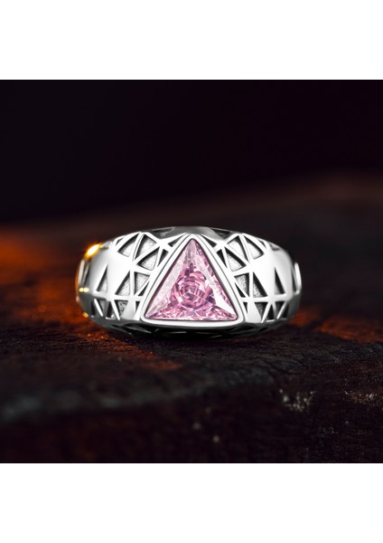 925 Ayar Gümüş Üçgen Pembe Kuvars Taşlı Erkek Yüzük modelleri