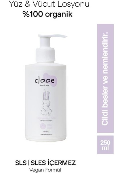 Organik Bebek Losyonu (250ml) - Argan Yağı, Zeytinyağı, Huş, Gül Suyu - Yenidoğan Kullanımına Uygun