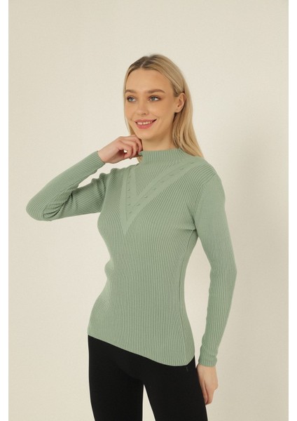 Kadın Çağla Kendinden Yakalı Fitilli Triko Kazak