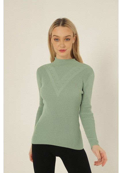 Kadın Çağla Kendinden Yakalı Fitilli Triko Kazak fiyatları