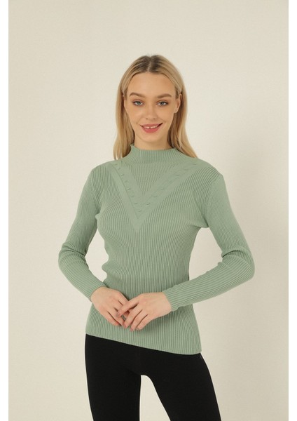 Kadın Çağla Kendinden Yakalı Fitilli Triko Kazak modelleri