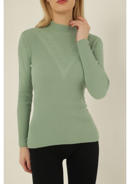 Kadın Çağla Kendinden Yakalı Fitilli Triko Kazak fırsatları