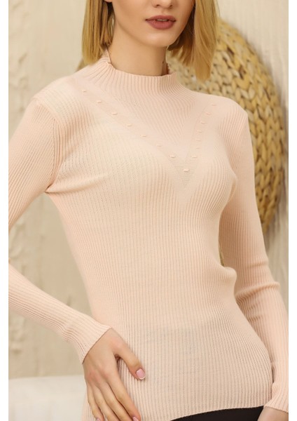 Kadın Pudra Pembe Kendinden Yakalı Fitilli Triko Kazak fiyatları