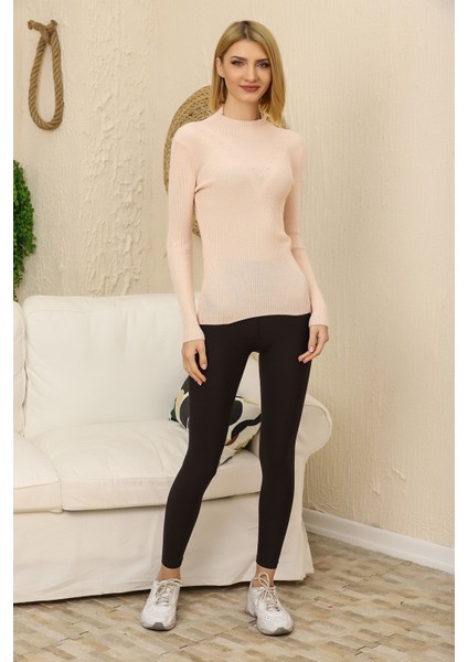 Kadın Pudra Pembe Kendinden Yakalı Fitilli Triko Kazak modelleri