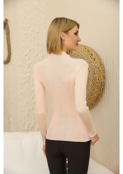 Kadın Pudra Pembe Kendinden Yakalı Fitilli Triko Kazak fırsatları