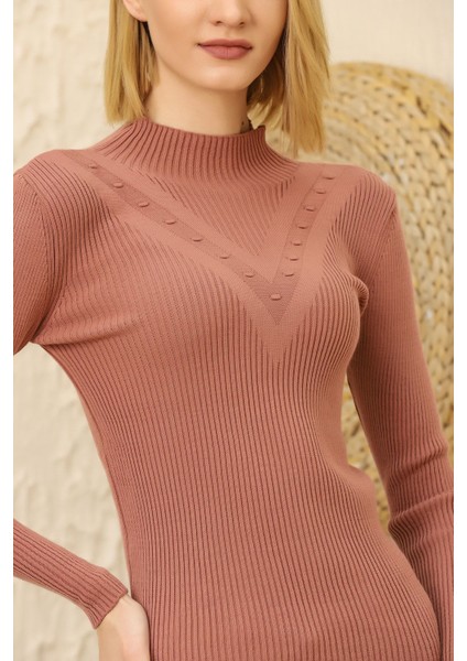 Kadın Gül Kurusu Kendinden Yakalı Fitilli Triko Kazak