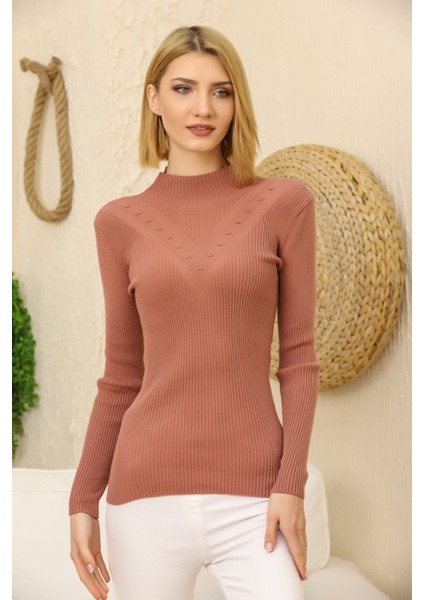 Kadın Gül Kurusu Kendinden Yakalı Fitilli Triko Kazak fiyatları