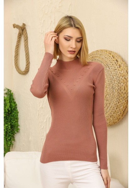 Kadın Gül Kurusu Kendinden Yakalı Fitilli Triko Kazak modelleri