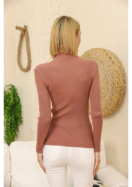 Kadın Gül Kurusu Kendinden Yakalı Fitilli Triko Kazak fırsatları