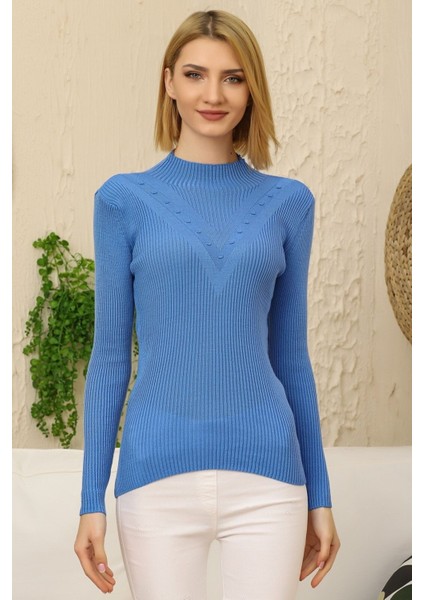 Kadın Mavi Kendinden Yakalı Fitilli Triko Kazak