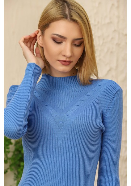 Kadın Mavi Kendinden Yakalı Fitilli Triko Kazak fiyatları