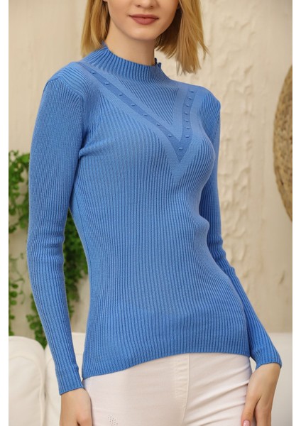 Kadın Mavi Kendinden Yakalı Fitilli Triko Kazak modelleri