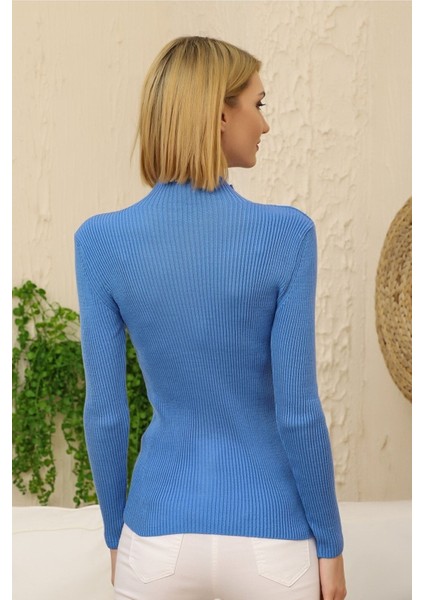 Kadın Mavi Kendinden Yakalı Fitilli Triko Kazak fırsatları