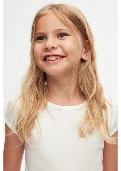 Ekru Basic Kız Çocuk Sıfır Yaka Karpuz Kol Tişört modelleri