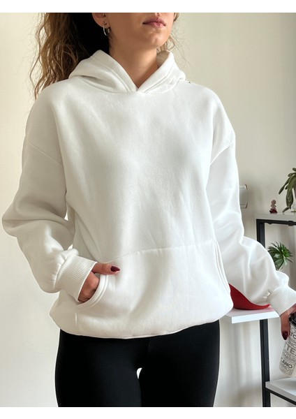 Beyaz 3 Iplik Şardonlu Kışlık Kalın Kapüşonlu Sweatshirt fiyatları