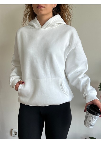 Beyaz 3 Iplik Şardonlu Kışlık Kalın Kapüşonlu Sweatshirt