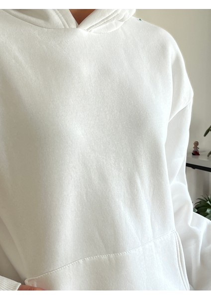 Beyaz 3 Iplik Şardonlu Kışlık Kalın Kapüşonlu Sweatshirt