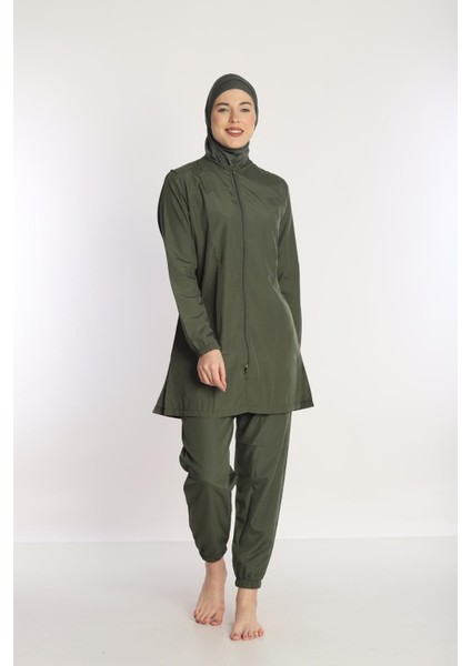 Kadın 23203 Büzgülü Paraşüt Tam Tesettür Mayo Haki