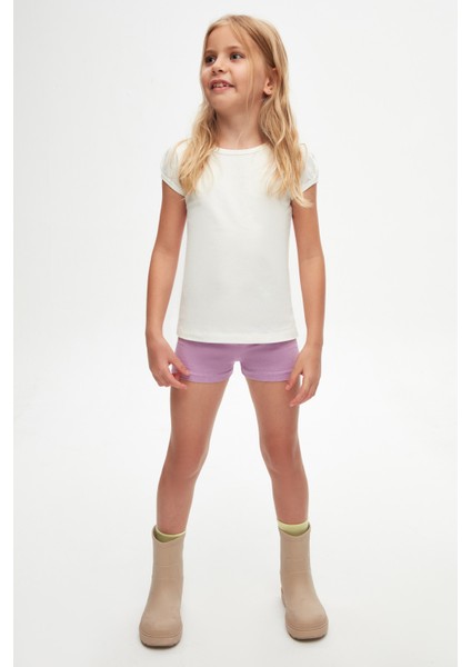 Ekru Basic Kız Çocuk Sıfır Yaka Karpuz Kol Tişört
