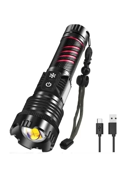 BR-6800 Zoomlu 30W El Feneri Cob LED 8 Fonksiyonlu C-Tip Şarj Edilebilir Powerbank Taktik El Feneri
