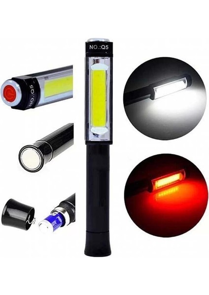 Ps-Q5 Pilli Mıknatıslı Cob LED Çalışma Tamir Kırmızı Işık El Feneri