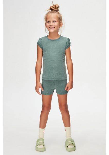 Koyu Yeşil Melanj Basic Kız Çocuk Sıfır Yaka Karpuz Kol Tişört