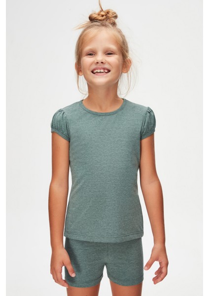 Koyu Yeşil Melanj Basic Kız Çocuk Sıfır Yaka Karpuz Kol Tişört fiyatları