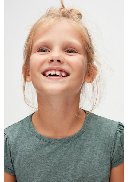 Koyu Yeşil Melanj Basic Kız Çocuk Sıfır Yaka Karpuz Kol Tişört modelleri