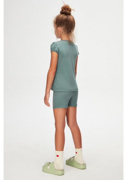 Koyu Yeşil Melanj Basic Kız Çocuk Sıfır Yaka Karpuz Kol Tişört fırsatları