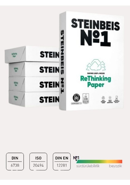 Steinbeis No.1 A4 Koli(500'lü 5 paket) 2500adet 80gr İso 70 belgeli doğa dostu %100 geri dönüştürülmüş kağıt