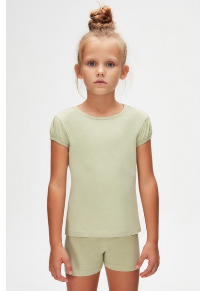 Açık Çağla Yeşil Basic Kız Çocuk Sıfır Yaka Karpuz Kol Tişört fiyatları