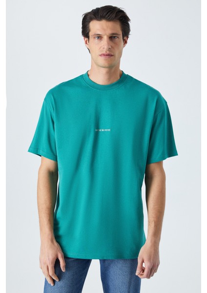 Rıver Erkek Oversize Fit Bol Kesim Nakış Işlemeli Basic Örme Kolej Yeşili T-Shirt