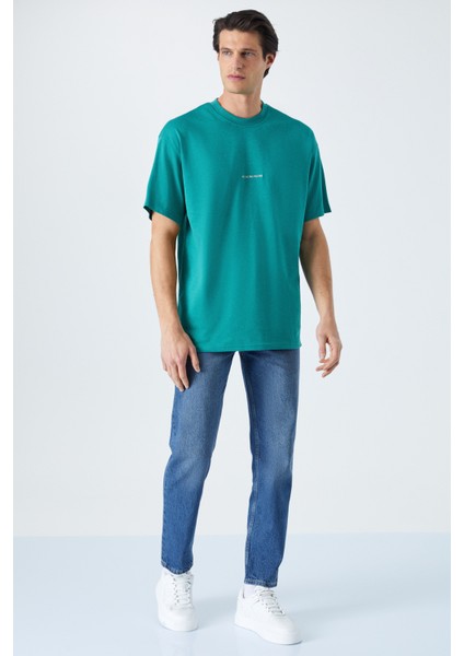 Rıver Erkek Oversize Fit Bol Kesim Nakış Işlemeli Basic Örme Kolej Yeşili T-Shirt