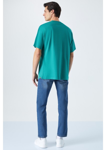 Rıver Erkek Oversize Fit Bol Kesim Nakış Işlemeli Basic Örme Kolej Yeşili T-Shirt