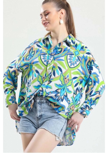Yeşil ve Bej Desenli Oversize Gömlek