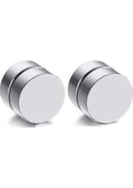 Gümüş Düz Yuvarlak Mıknatıslı Erkek Küpe 1 Çift 8mm Mıknatıs Çelik Manyetik