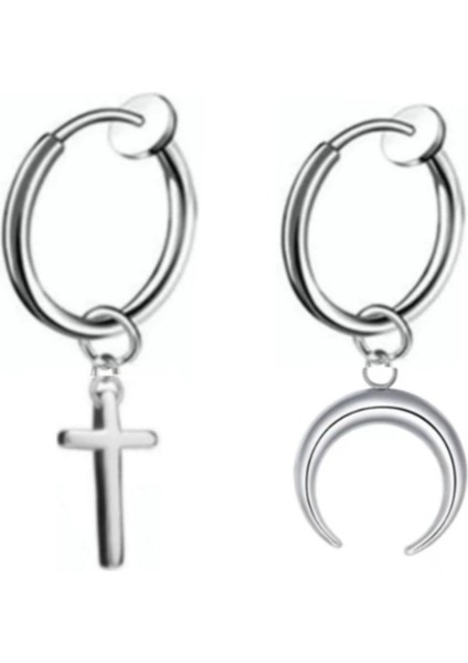 Haç ve Hilal Sallantılı Deliksiz Sıkıştırma 2'li Çelik Fake Küpe