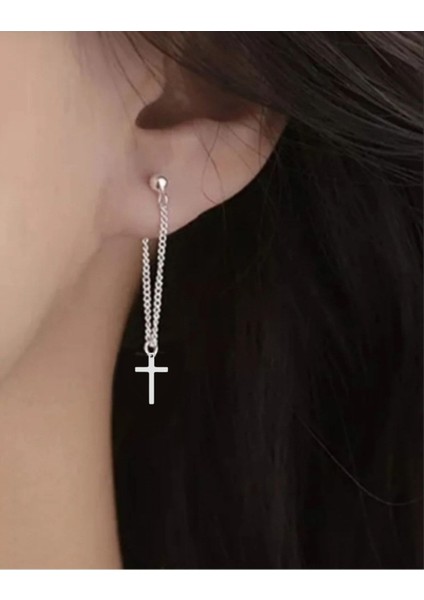 Haç Sallantılı Zincirli Çelik Top Küpe 2 Adet