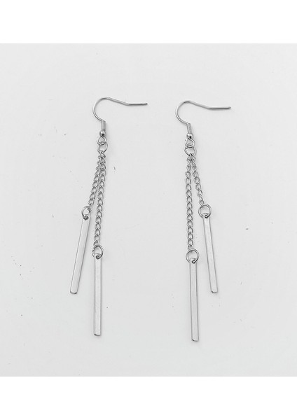 Gümüş Renk Bar Çubuk Detaylı Çift Zincirli Sallantılı Uzun Küpe