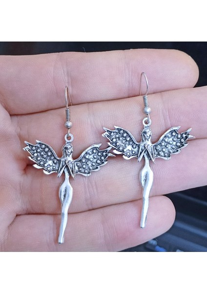 Kadın Antik Gümüş Kaplama Melek Küpe