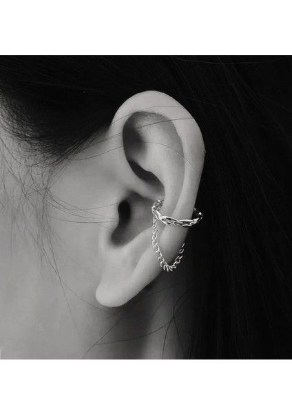 Deliksiz Sıkıştırma Zincirli Ear Cuff Manşet Küpe Gümüş Renk