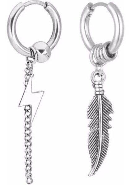 Unisex Gümüş K-Pop Şimsek ve Tüy Sallantılı Çelik Halka Küpe fiyatları