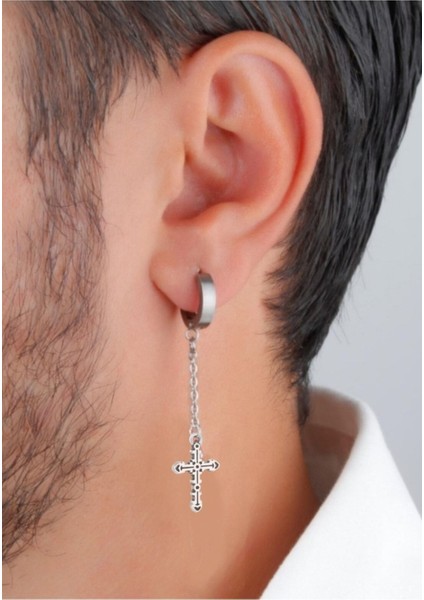 Deliksiz Sıkıştırma Haç Sallantılı Çelik Küpe