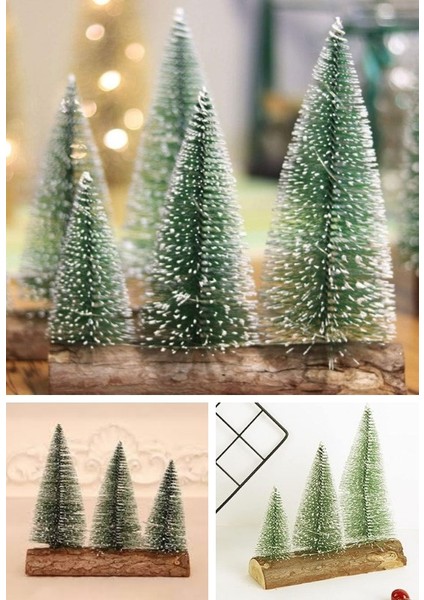 3 Lü Set Nevada Mini Çam Ağaçları Meşe Kütük Üzerinde yılbaşı Hediyesi 16-12-10 cm