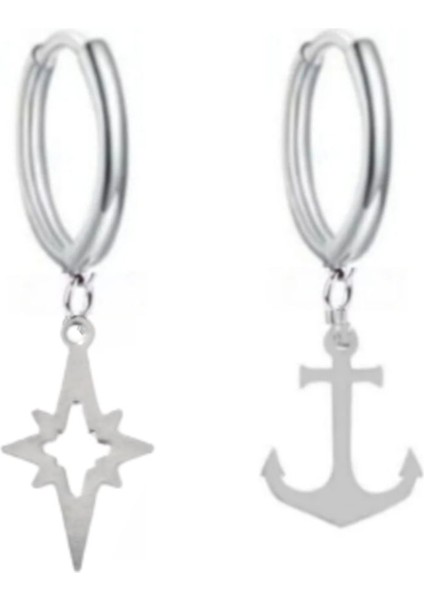 Çapa ve Kuzey Yıldızı Sallantılı 2'li Delikli Halka Küpe