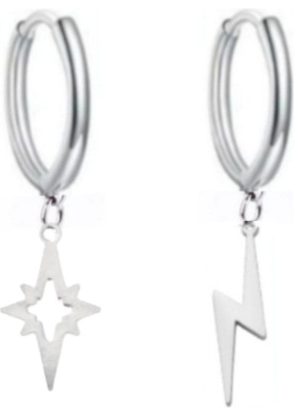 Kuzey Yıldızı ve Şimşek Sallantılı 2'li Delikli Halka Küpe