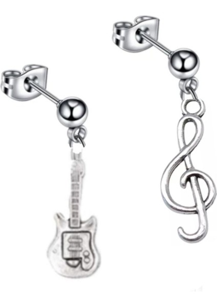 Gitar ve Sol Anahtarı Sallantılı 2 Adet Çelik Top Küpe