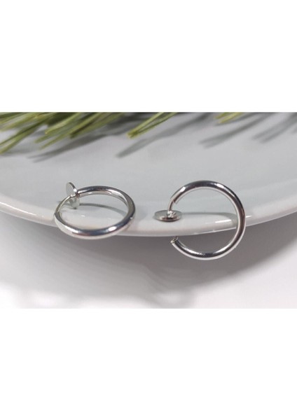 Çelik Gümüş Renk Yaylı Sıkıştırmalı Halka Küpe, Kararma Yapmaz, 2'li Set, 12 mm
